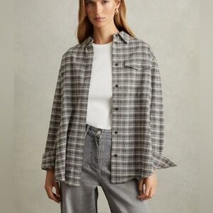 REISS Lorena Grey Checked Button Through Shirt Flannel Plaid Womens Size 8